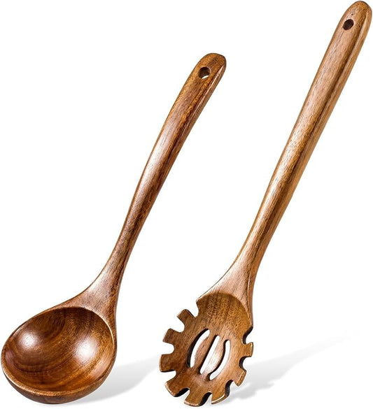 Wooden Ladles for Cooking, 2-Piece Soup Ladle & Pasta Spoon Set, Natural Teak Wood Soup Ladle and Slotted Spaghetti Spoon for Cooking, Serving and Stirring by Unknown
