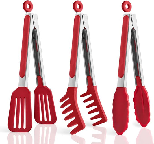 3 Pack Silicone Tongs for Cooking,Maywe Tanso 9 Inch Cooking Kitchen Tongs with Silicone Tips,Nonstick Stainless Steel Tongs for Steak Pie Pizza Pasta Spaghetti Salad BBQ Buffet by MayweTanso