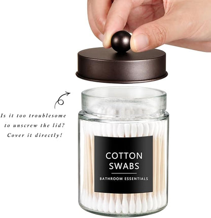 SheeChung 2 Pack Qtip Holder Dispenser - Glass Apothecary Jars with Rust-Proof Stainless Steel Lids - Modern Farmhouse Bathroom Vanity Organizer for Cotton Swabs, Balls, Pad (Bronze,1Pack)