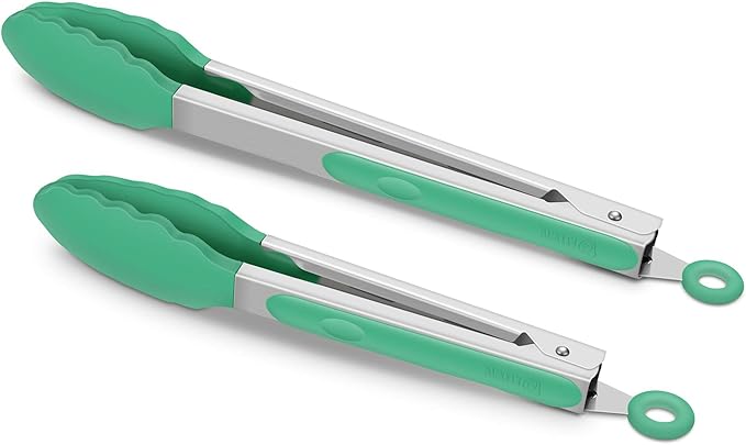 2 Pack Silicone Kitchen Tongs – 9" & 12" Set, Heat Resistant up to 500°F, Non‑Stick Cookware Safe, Wavy Silicone Tips, BPA Free, Locking Clip & Hanging Loop, Turquoise by ALLWIN-HOUSEWARE
