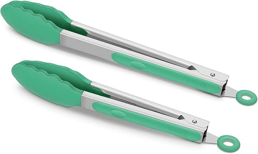 2 Pack Silicone Kitchen Tongs – 9" & 12" Set, Heat Resistant up to 500°F, Non‑Stick Cookware Safe, Wavy Silicone Tips, BPA Free, Locking Clip & Hanging Loop, Turquoise by ALLWIN-HOUSEWARE