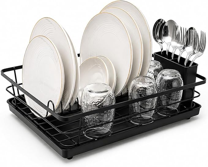 Metal Dish Drying Rack for Kitchen Counter, Black, Sink Organizer with Cutlery Holder, Kitchen Storage and Organization Essentials, 11.8 x 15.7 Inch