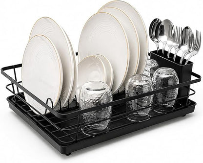 Metal Dish Drying Rack for Kitchen Counter, Black, Sink Organizer with Cutlery Holder, Kitchen Storage and Organization Essentials, 11.8 x 15.7 Inch
