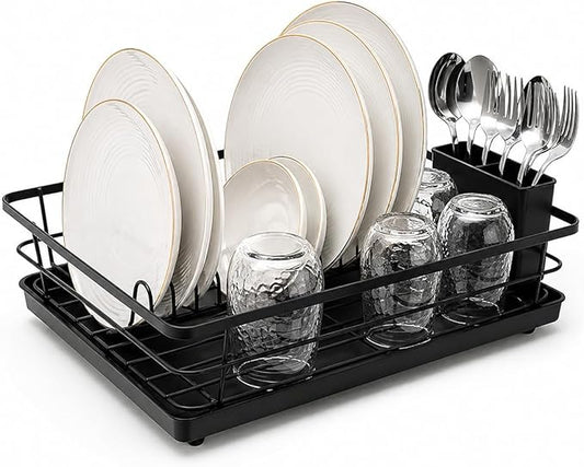 Metal Dish Drying Rack for Kitchen Counter, Black, Sink Organizer with Cutlery Holder, Kitchen Storage and Organization Essentials, 11.8 x 15.7 Inch