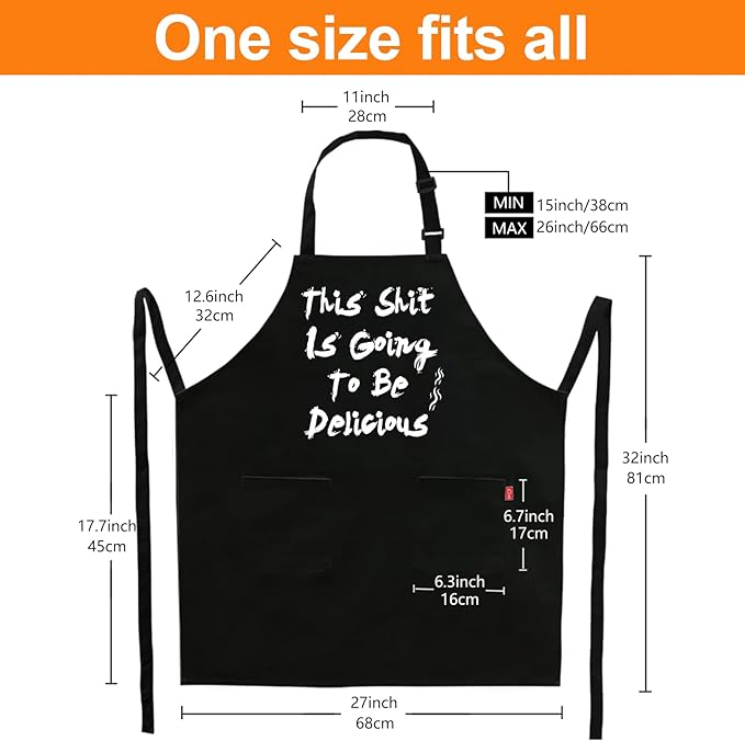 BBQ Funny Apron for Men, Chef Bib Apron with 2 Pockets, Adjustable Neck Strap and 40" Long Ties - Best for Kitchen Cooking, Grilling, Baking, Gardening - Black