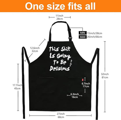 BBQ Funny Apron for Men, Chef Bib Apron with 2 Pockets, Adjustable Neck Strap and 40" Long Ties - Best for Kitchen Cooking, Grilling, Baking, Gardening - Black
