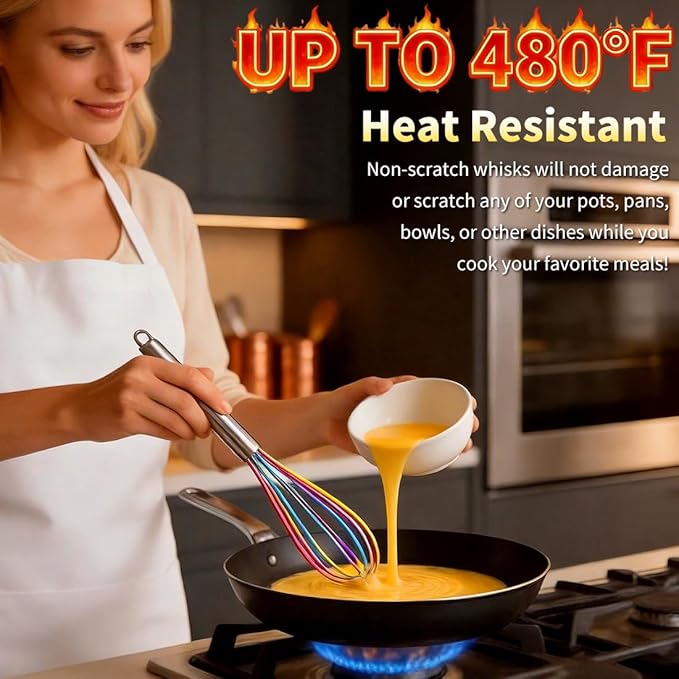 Silicone Whisk Set,Stainless Steel Handle Whisk 8" 10" 12" Rubber Whisks Cooking Non Scratch High Heat Resistant,Balloon Egg Beater for Whisking,Beating,Blending Ingredients,Mixing Sauces,Rainbow - Image 2