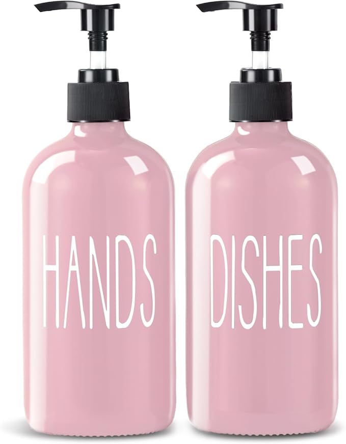 COHOSEGE Glass Soap Dispenser Set 2 Pack,16 Oz Dish Soap Dispenser for Kitchen Sink,Pink Kitchen Accessories and Kitchen Decor,Pink Decorations and Kitchen Utensils for Kitchen by COHOSEGE