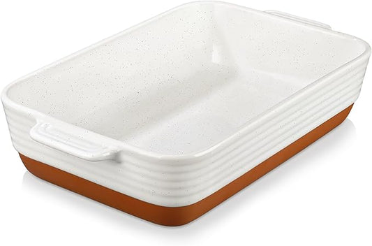 MALACASA Baking Dish 4.8 Qt Ceramic Casserole & Lasagna Pan, 9x13 Inch Deep Rectangular Oven Safe Dish with Handles for Baking, Roasting, Serving (Khaki & White) - Series Tara by MALACASA