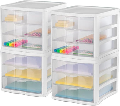 Sterilite 4-Pack 3 Drawer Unit, Stackable Plastic Organizer with Drawers, White Frame - Multi-Purpose Countertop Storage Containers for Office Supplies, Craft Rooms, Classrooms and Home Organization - Image 5