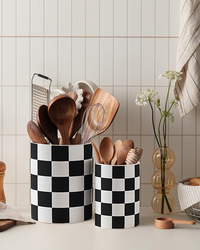 Checkered Kitchen Utensil Holder - 7.1"+5.8" Ceramic Utensil Crock for Countertop, Kitchen Decor and Accessories for counte (Black) - Image 4