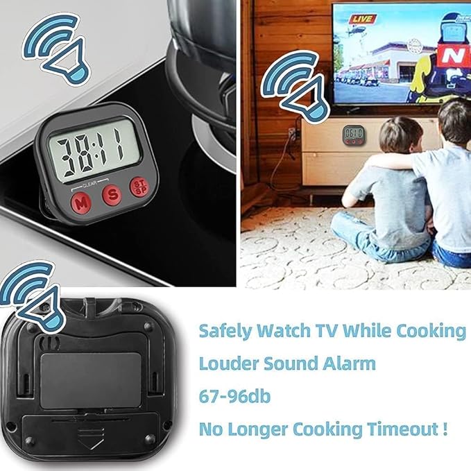 Kitchen Timer, Digital Visual Timer Magnetic Clock Stopwatch Countdown Timer, Large LCD Screen Display Big Digits, Loud Alarm for Cooking, Shower, Bathroom - Image 5