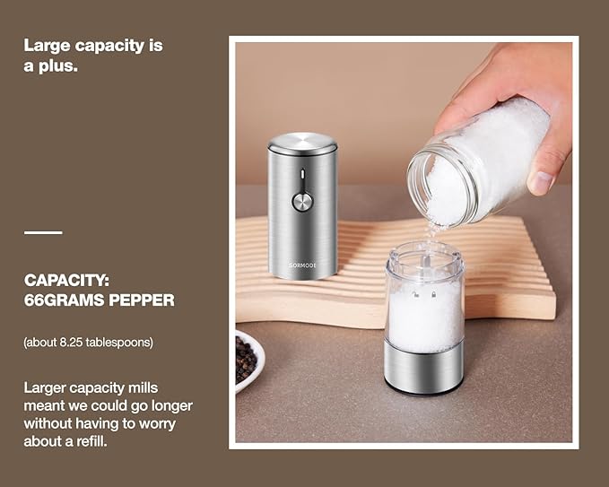 Electric Salt and Pepper Grinder Set, USB Rechargeable Automatic Pepper Mill, Large Capacity with Dual LED Light, One-Handed Operation, Slide Cover, Brushed Stainless Steel - Image 4