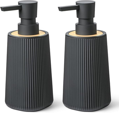 Black Hand Soap Dispenser Set with Bamboo Decor and No Rust Pump for Bathroom and Kitchen Countertops Refillable Striped Matte Plastic 8.5 oz