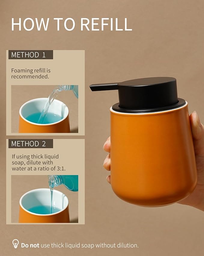 Bosilunlife Ceramic Foaming Soap Dispenser - 12Oz Bathroom Countertop Kitchen Dish Soap Pump Dispenser Foam Soap Dispenser - Orange