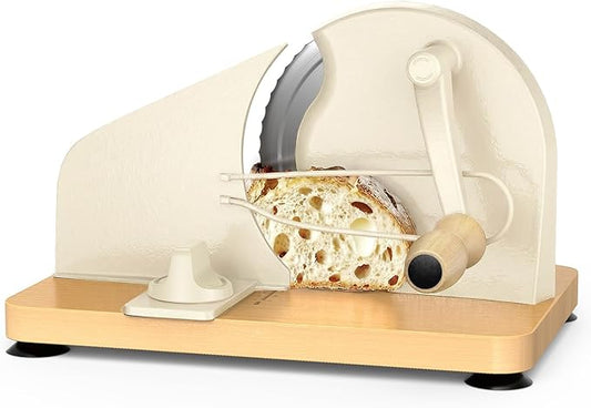 Manual Bread Slicer for Homemade Sourdough-Adjustable Thickness Bread Slicer with Hand Crank Metal Guide,Scale Line,Suction Cup,Solid Wood Base,Stainless Steel Blade for Perfect Even Slices