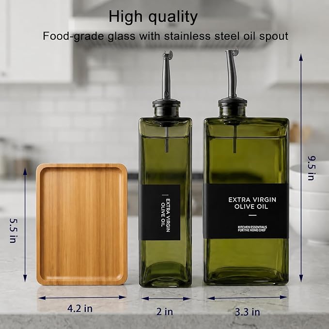 Glass Olive Oil Dispenser Bottle Set of 2 (16.9 oz/500 ml), Green Square Oil & Vinegar Cruet with Drip-Reducing Pour Spouts, Bamboo Tray + Stainless Steel Funnel, 40 Labels for Kitchen Counter