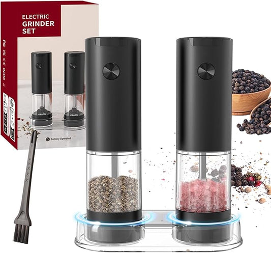 Electric Salt and Pepper Grinder Set, Automatic Salt Pepper Mill Grinder with Adjustable Coarseness, One-Button Control, Easy Filling Larger Capacity with Led Light for Home Kitchen Appliances (Black)