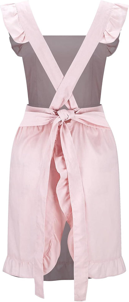 Hyzrz Retro Adjustable Ruffle Aprons with Pockets for Women Girls Vintage Cross Back Pinafore Dress Maid Costume Apron