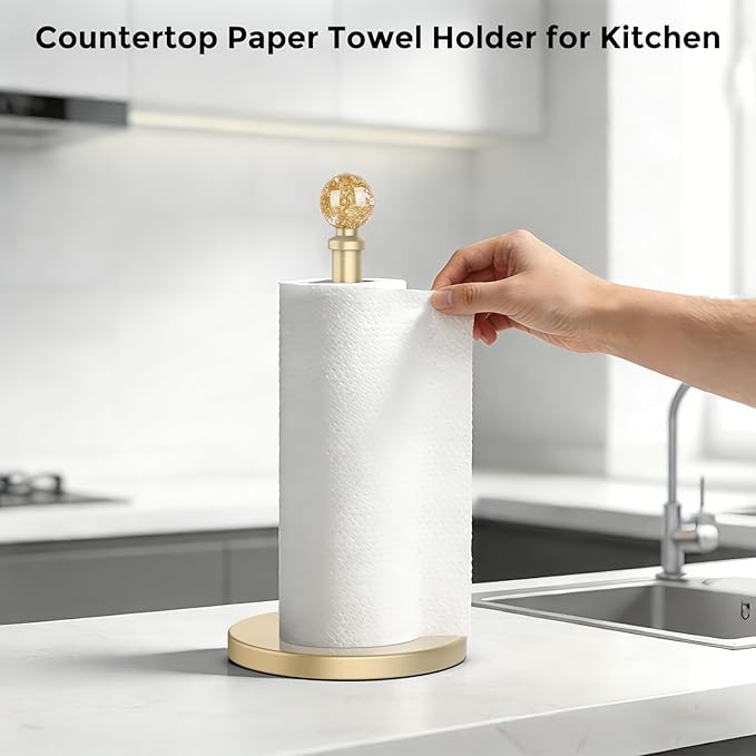Gold Paper Towel Holder Countertop, Unique Gold Ball Decor,Brass Paper Towel Holder for Kitchen - Sturdy, Durable, and Elegant Home Decor for Kitchen