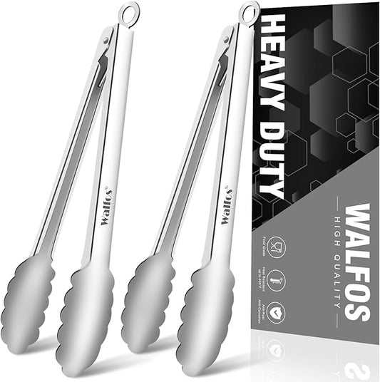 Walfos tongs for cooking, All Metal Kitchen Tongs 600℉ Heat Resistant, Heavy Duty Locking Tongs 2-piece 12 Inch by Walfos