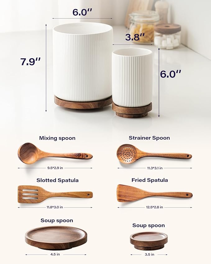 getstar Large Rotating Utensil Holder for Kitchen Counter,7.9"+6" Ceramic Utensils Crocks Set for Countertop Large & Small Utensil Organizer for Spatula Farmhouse Kitchen Decor - Image 4
