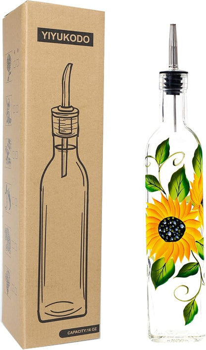 17oz Hand Painted Glass Olive Oil Bottle Dispenser - 500ml Green Oil & Vinegar Cruet with Pourers - Olive Oil Carafe Decanter for Kitchen (sunflower2)