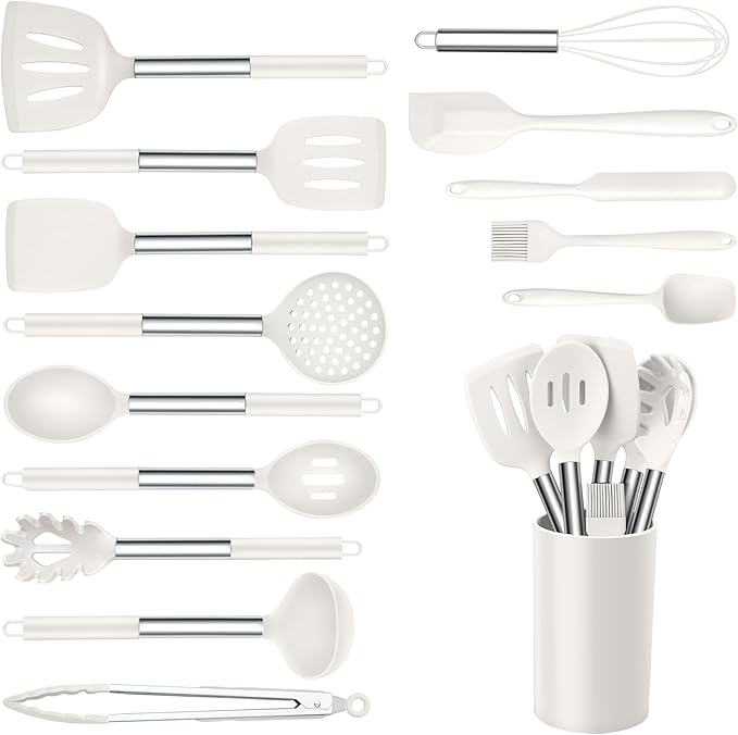 Onader Silicone Kitchen Utensils Set, 15pcs White Silicone Cooking Utensils Set with Holder, Includes Heat Resistant Spatula Turner Spoon Whisk Tong by Onader