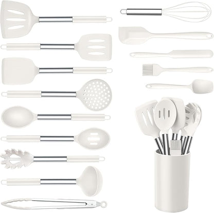 Onader Silicone Kitchen Utensils Set, 15pcs White Silicone Cooking Utensils Set with Holder, Includes Heat Resistant Spatula Turner Spoon Whisk Tong by Onader