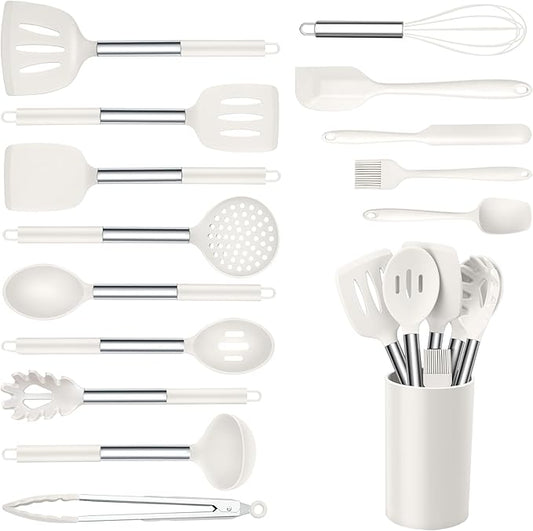 Onader Silicone Kitchen Utensils Set, 15pcs White Silicone Cooking Utensils Set with Holder, Includes Heat Resistant Spatula Turner Spoon Whisk Tong by Onader