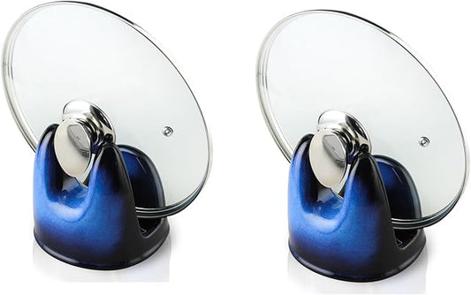 Nihow Pot Lid Holder: Stable Ceramic Pan Lid Holder for Kitchen Counter Decor/Countertop/Stove Top- Heat Resistant & Dishwasher Safe - Elegant Black & Blue Set of 2 by Nihow