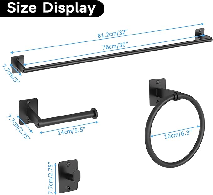 KLJKPA 4 Pieces Bathroom Hardware Set, 32 inch Towel Bar, Matte Black Bathroom Accessories Set, Towel Racks for Bathroom, Robe Towel Hooks, Toilet Paper Holder Wall Mounted - Image 7