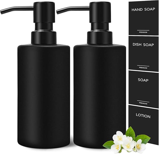 GMISUN Black Soap Dispenser, Hand Soap Dispenser Bathroom, Hand and Dish Dispenser Set for Kitchen, 12 fl oz/350ml Glass Liquid Soap and Lotion Dispensers with Stainless Steel Pump, 2 Pack Refillable