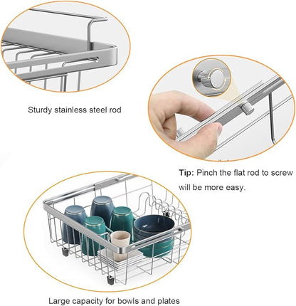 Expandable in Sink Dish Drying Rack, Adjustable Capacity (10.5''-16'') Stainless Steel Over The Sink Dish Drying Rack, Dish Drainer for Kitchen Sink Counter with Utensil Holder