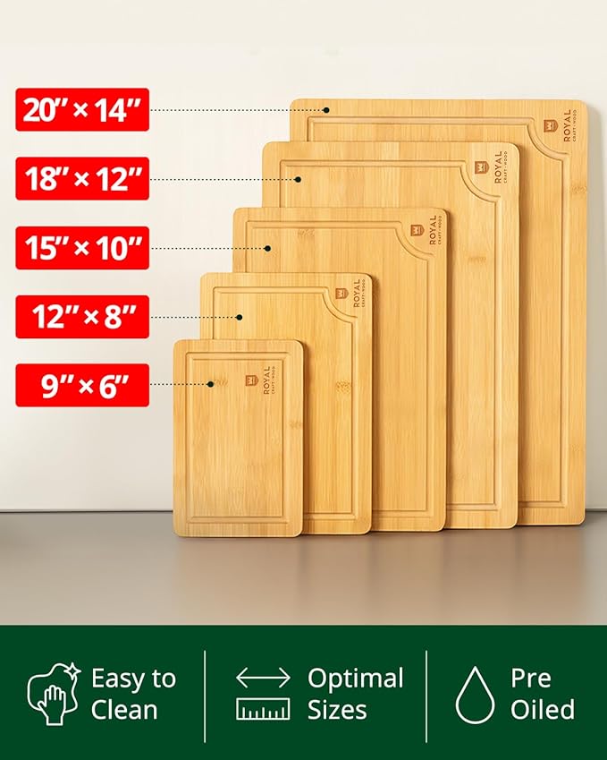 ROYAL CRAFT WOOD Wooden Cutting Boards for Kitchen Meal Prep & Serving - Bamboo Wood Serving Board Set with Deep Juice Groove Side Handles - Charcuterie & Chopping Butcher Block for Meat - Image 3