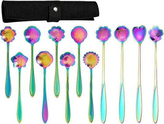 12 Pcs Flower Coffee Tea Spoons Set with Storage Bag, 4 Long & 8 Short Stainless Steel Teaspoons for Sugar Dessert Ice Cream Stirring, Cute Fancy Tableware for Tea Party Kitchen Cafe Bar(Multicolor)