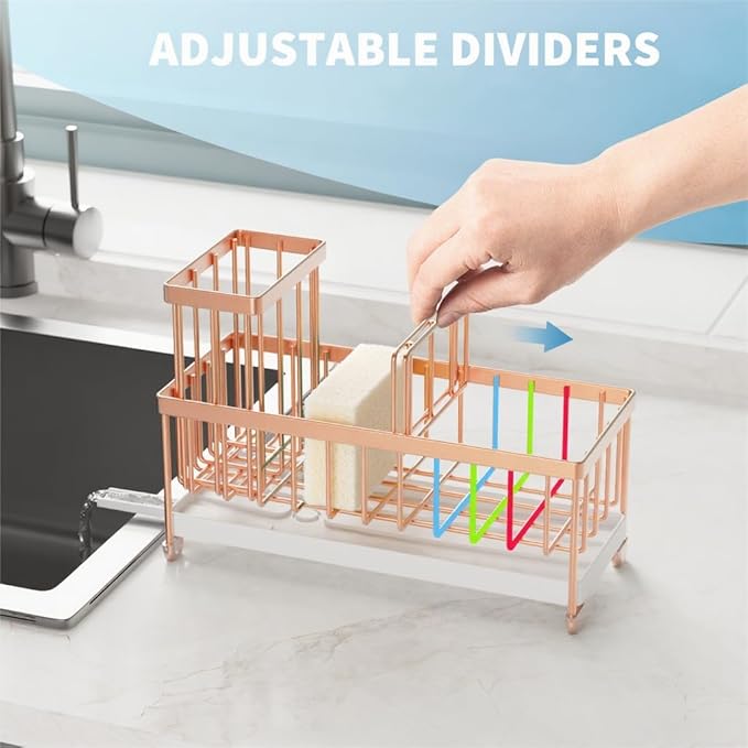 Cisily Sponge Holder for Kitchen Sink, Sink Caddy Organizer with High Brush Holder, Kitchen Countertop Organizers and Storage Essentials, Rustproof 304 Stainless Steel (Rose Gold, 9.25″) - Image 3