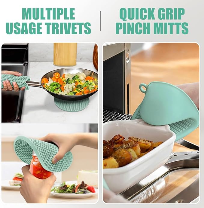 Rorecay 6pcs Oven Mitts and Pot Holders Sets Heat Resistant 500 Degrees, Extra Long Silicone Oven Gloves Non-Slip Potholders Hot Pads for Kitchen Baking Cooking, Quilted Liner, Bermuda Teal - Image 3