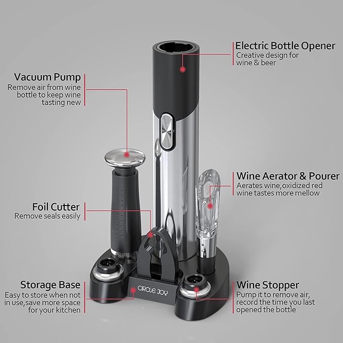 CIRCLE JOY Electric Wine Opener Set Automatic Wine Opener Kit for Wine and Beer Cordless Electric Wine Bottle Openers Gift Set with Foil Cutter, Aerator Pourer, Vacuum Pump and 2 Wine Stoppers - Image 5