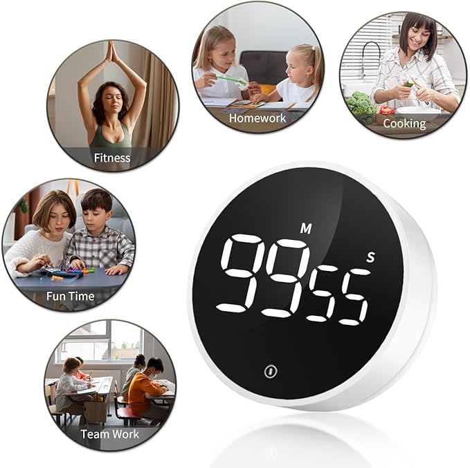 VOCOO Digital Kitchen Timer - Magnetic Countdown Countup Timer with Large LED Display Volume Adjustable, Easy for Cooking and for Seniors and Kids to Use (White) - Image 8