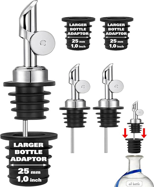 Pafusen Olive Oil Pour Spout with Adapters, Oils Pourer for Olive Oil Dispenser Bottle, Easily Turn Your Bottles into Dispensers for Liquor,Oils,Bottle Pourers (Sliver, 3 Pack Pour +Adapters)
