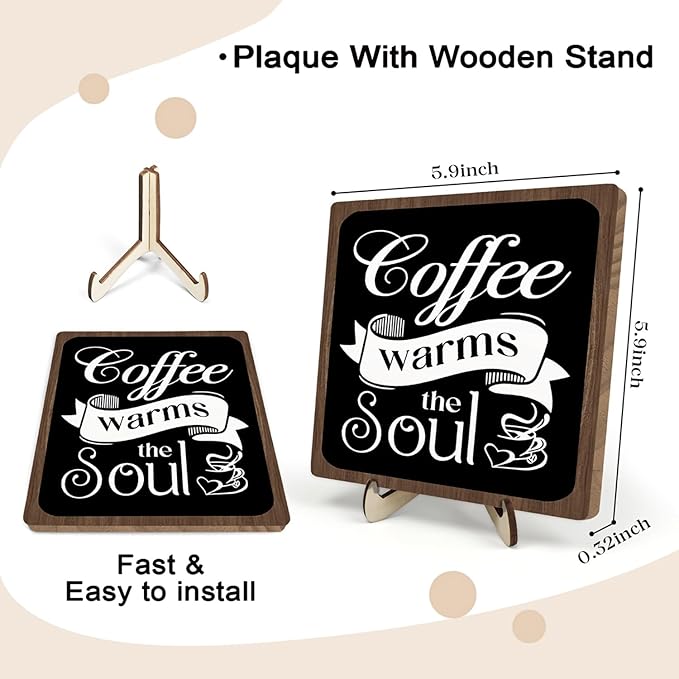 Coffee Bar Sign Plaque, Vintage Café Decor for Kitchen, Rustic Farmhouse Cafe Accessories, Themed Wall Sign for Home - Coffee Warms the Soul - Gift Idea (Black&Brown4, 5.9x5.9inches) - Image 2
