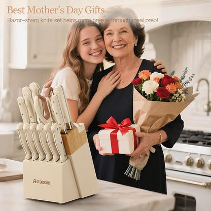 Knife Set,Astercook Kitchen Knife Set with Block 14-Piece Full Tang Stainless Steel Knives with Sharpener Dishwasher Safe and Anti-Slip Ergonomic Handle Mothers Day Gifts Utensils Set - Image 2