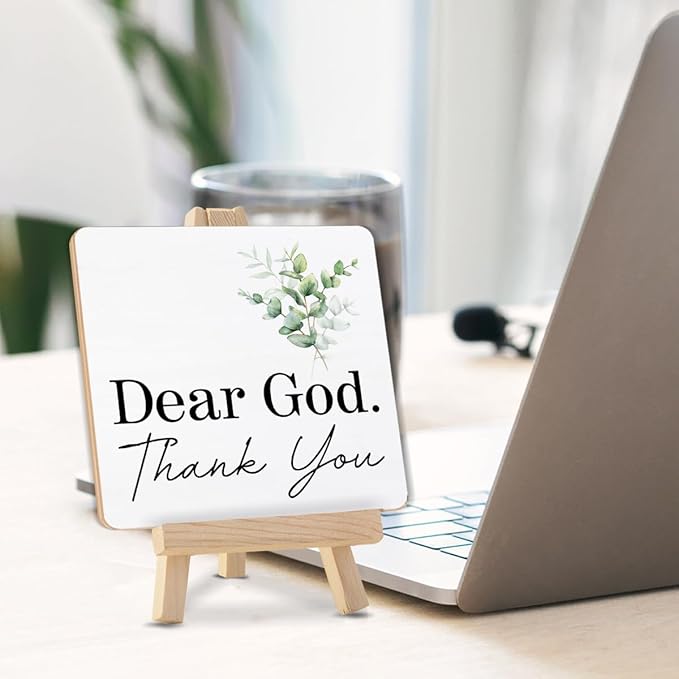 Christian Decor, Religious Gifts for Women Men, Dear God Thank You Wood Sign with Easel Home Office Desk Shelf Tabletop Table Decor - Image 3