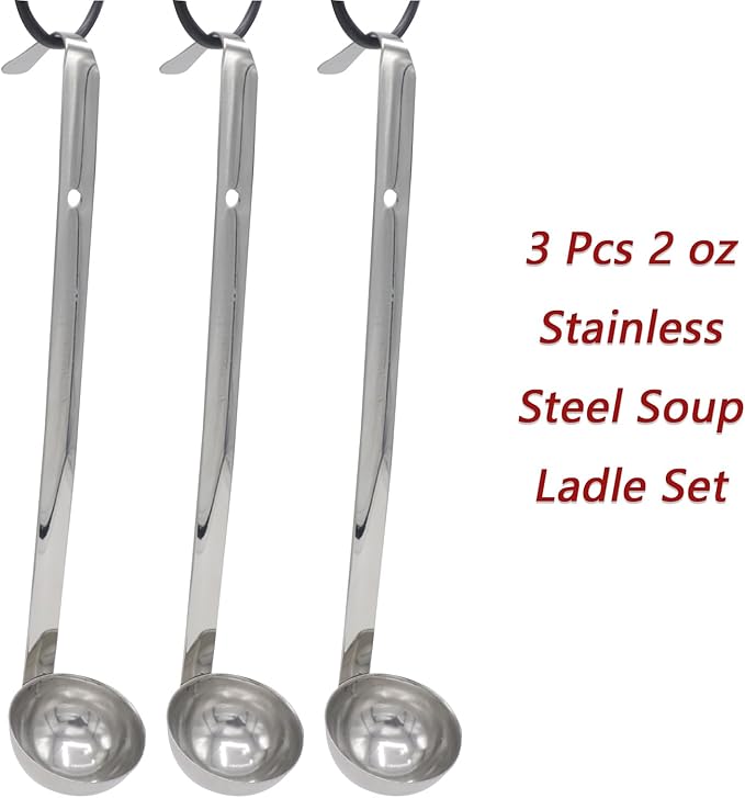 3 Pcs 2 oz Stainless Steel Soup Ladle Set, Long Handle Serving Spoons with Hooked Handles, Kitchen Cooking Utensils for Sauce Gravy Stew - Image 2
