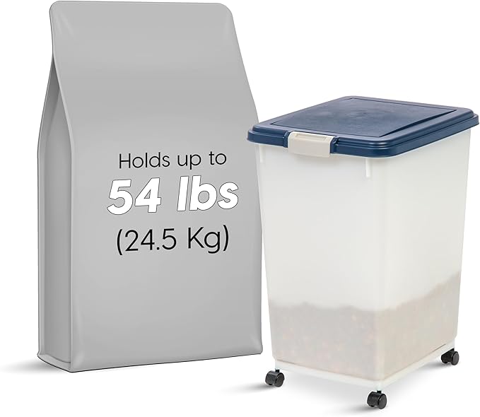 IRIS USA Dog Food Storage Container, Up to 54 Pounds, Attachable Wheels, For Dog Cat Bird and Other Pet Food Storage Bin, Keep Fresh, Easy Mobility - Made in USA, Navy/Pearl - Image 2