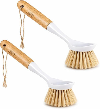 Kitchen Dish & Cast Iron Brush with Scraper, [2 Pack] Skillet Scrub Cleaner with Handle, Kitchen Cleaning Scrubber for Dishes, Pots, Cast Iron Skillet, Non-Stick Frying Pans, Sinks and House Cleaning by TEZZ