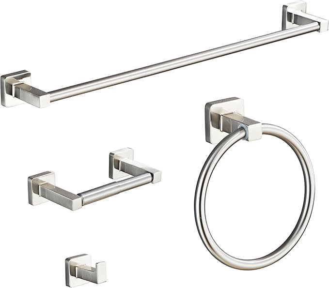 Brushed Nickel Bathroom Hardware Set 4 Pieces,Bathroom Accessories Set Stainless Steel Wall Mounted, Hand Towel Bar, Towel Ring, Robe Towel Hooks,Toilet Paper Holder,Towel Bar Set, 23.6 Inch by bluebyrne
