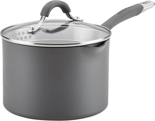 Circulon Radiance Hard-Anodized Nonstick Saucepan, Durable Nonstick Cookware, Sauce Pan with Straining Lid, 3-Quart, Gray by Circulon