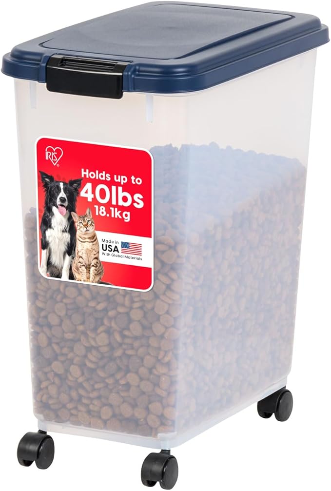 IRIS USA Airtight Dog Food Storage Container, Up to 40 lbs, Attachable Wheels, For Dog Cat Bird and Other Pet Food Storage Bin, Keep Fresh, Translucent Body, Easy Mobility, Navy by IRISUSA
